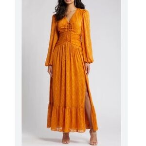 Floret Studios Floral Ruched Long Sleeve Plissé Midi Dress